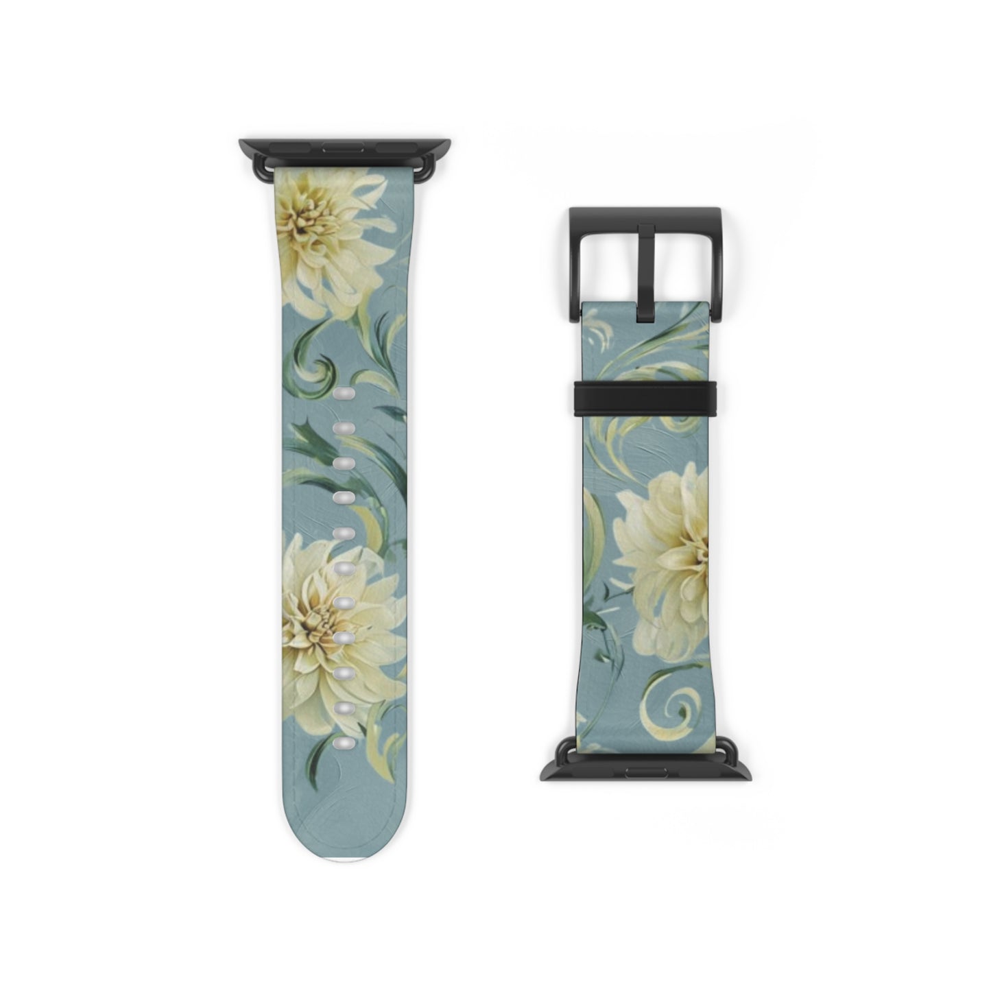 Golden Dahlia Trio Apple Watch band strap with black clasp displaying golden dahlia floral design on soft blue background