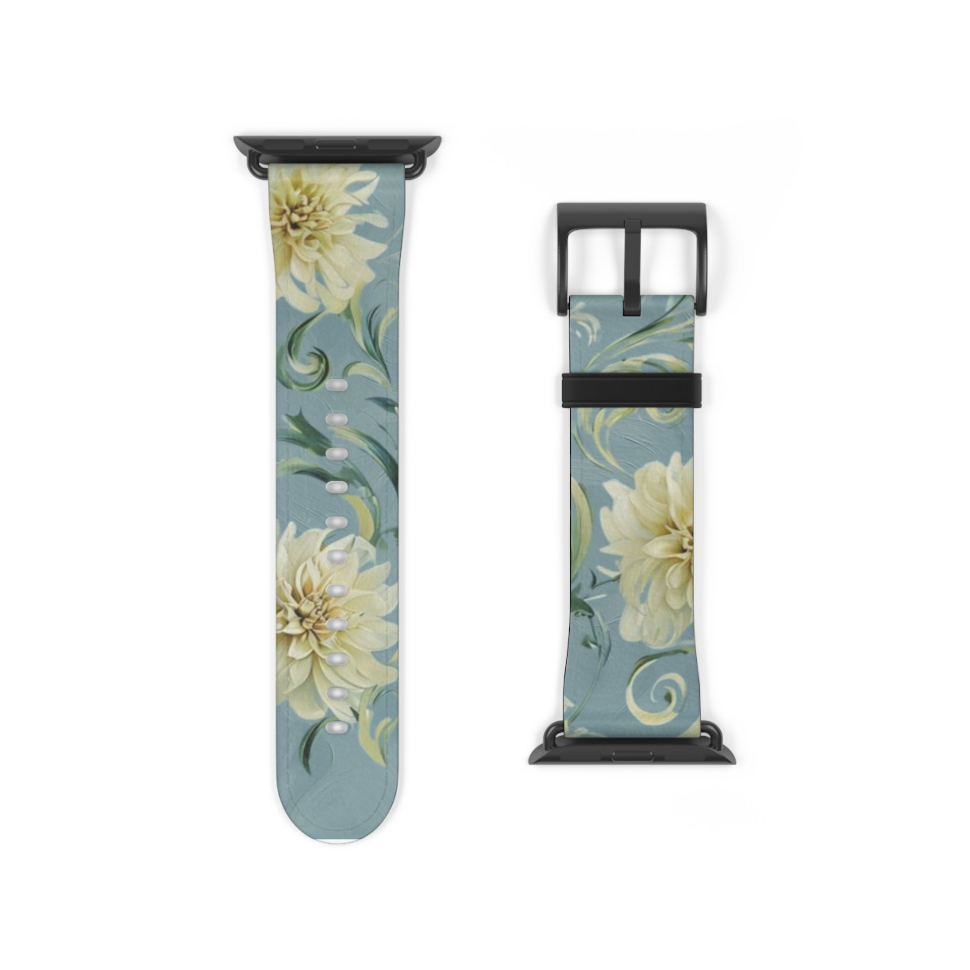 Golden Dahlia Trio Apple Watch band strap with black clasp displaying golden dahlia floral design on soft blue background