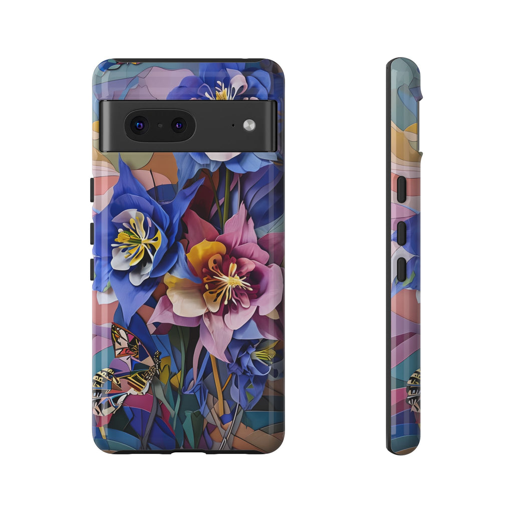 Blue Columbine Carnivale - Artistic Floral & Butterfly Google Pixel 7 Tough Phone Case - Vibrant Botanical Design