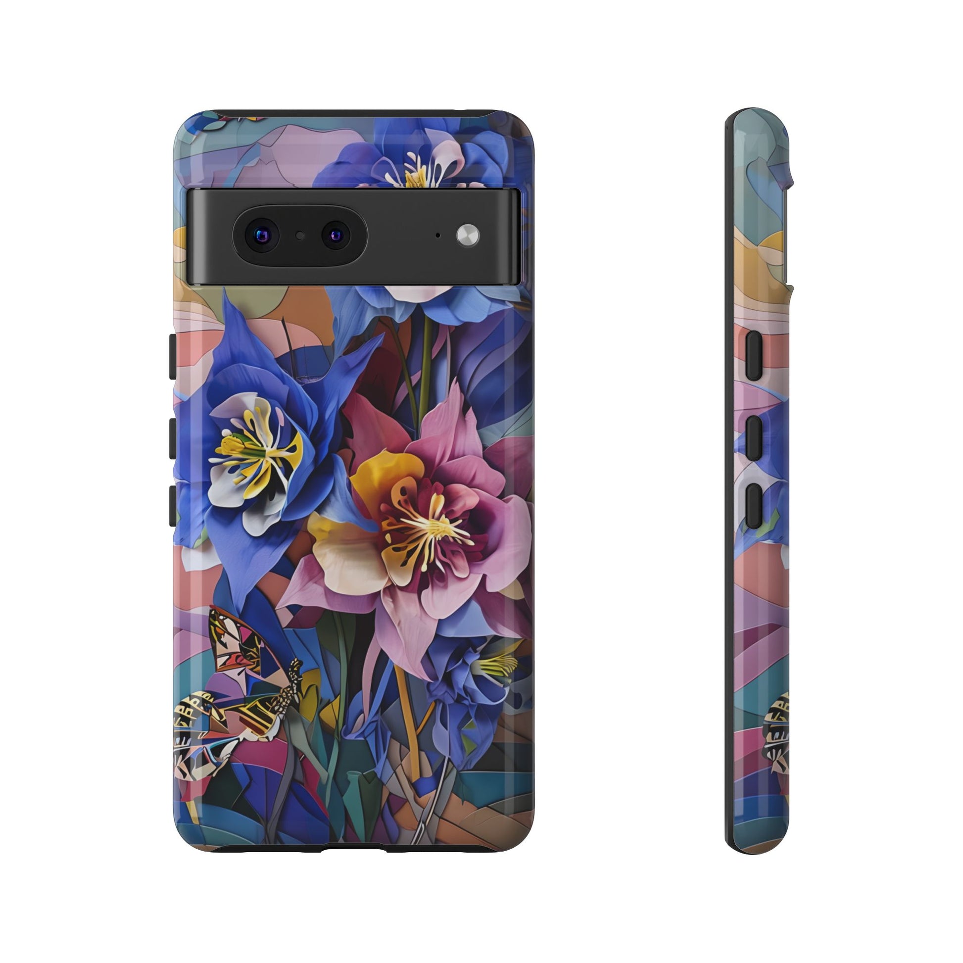 Blue Columbine Carnivale - Artistic Floral & Butterfly Google Pixel 7 Tough Phone Case - Vibrant Botanical Design