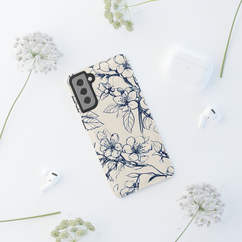 Blossom Sketch - Artistic Blue Floral Samsung Galaxy S21 Plus Tough Phone Case - Hand-Drawn Botanical Design