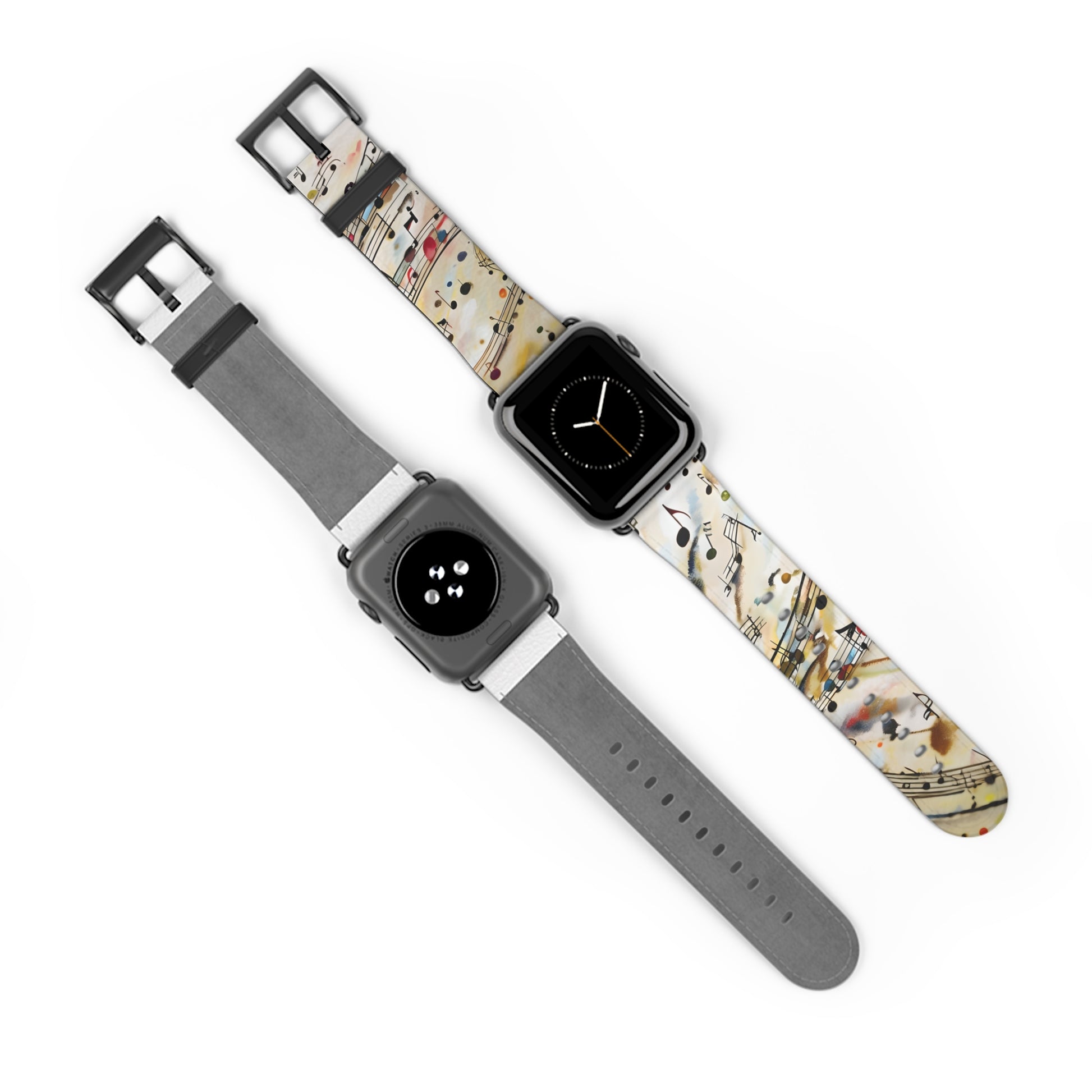 Two Apple Watches displaying Melodic Flow Apple Watch band showing front with watch face and back of band, both with black clasp
