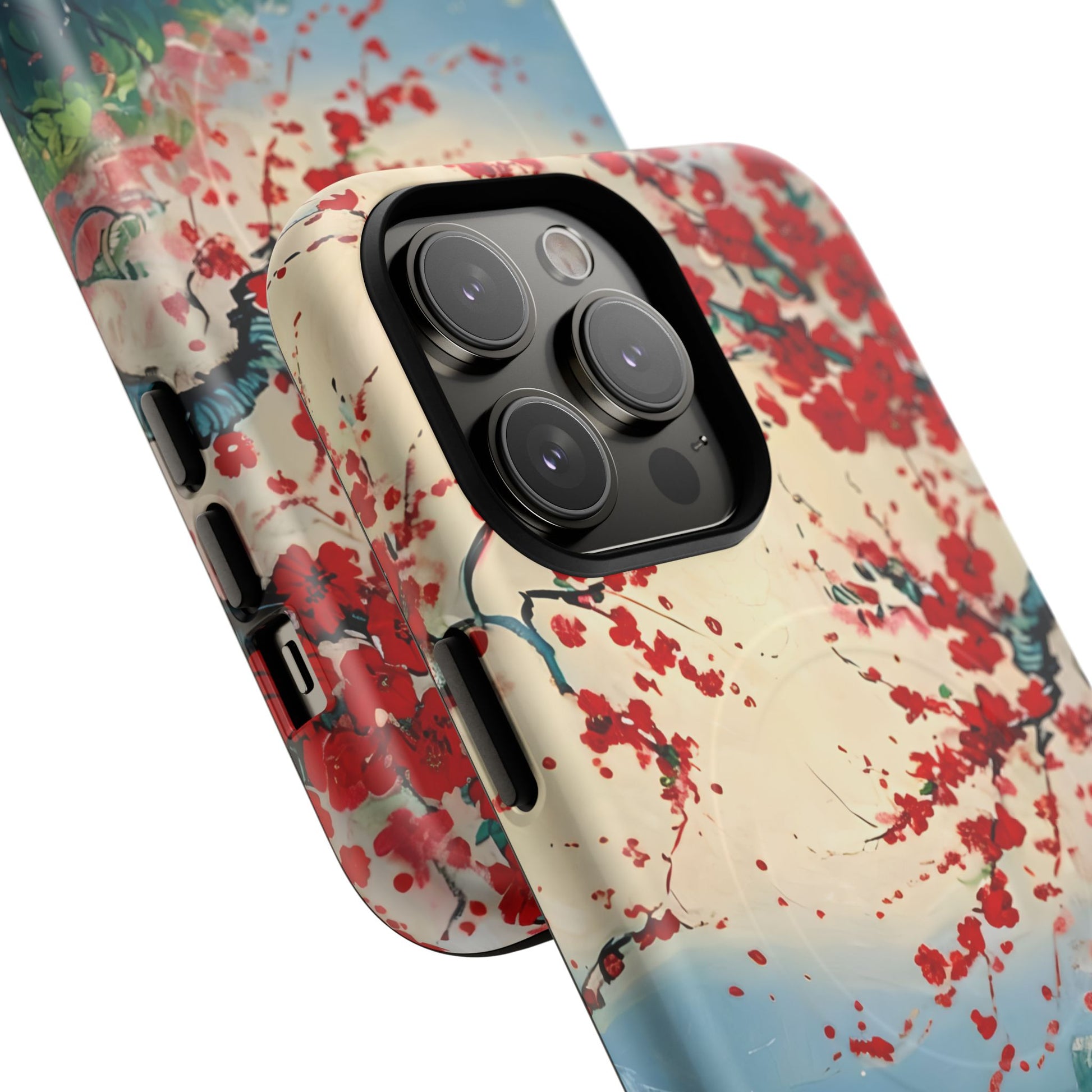 Crimson Blossom Lake - Artistic Floral Landscape iPhone 14 Pro Max MagSafe Phone Case - Red Cherry Blossoms & Serene Lake Design
