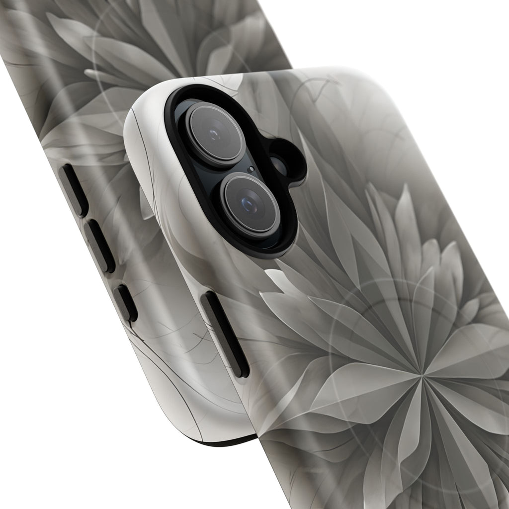 Silver Lotus - Elegant Monochrome Floral iPhone 16 Plus MagSafe Phone Case - Modern Lotus Design