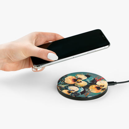 Hand placing smartphone on Golden Pansy Cascade pansy floral design Qi wireless charger
