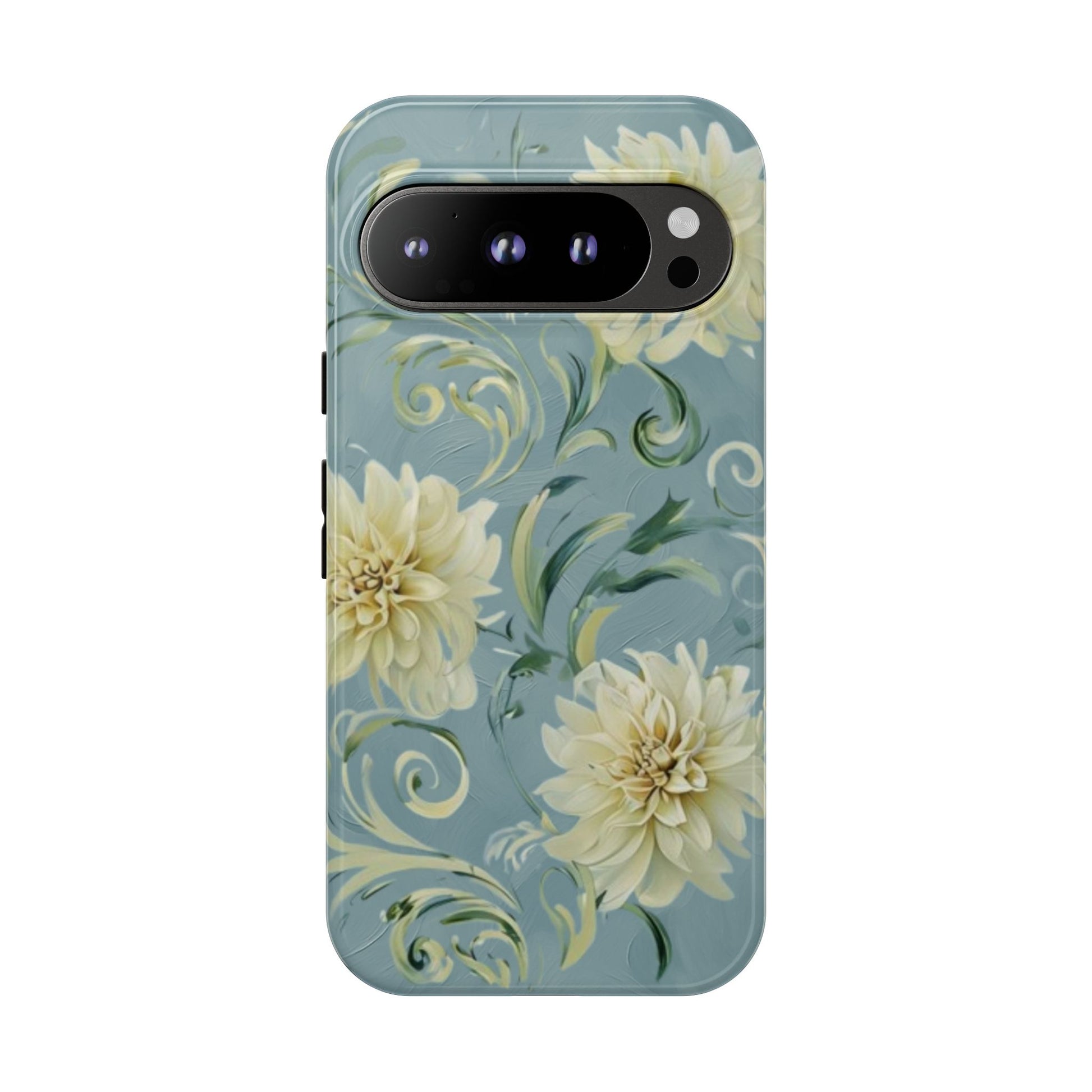Golden Dahlia Trio - Elegant Floral Google Pixel 9 Pro Tough Phone Case - Artistic White & Blue Dahlia Design