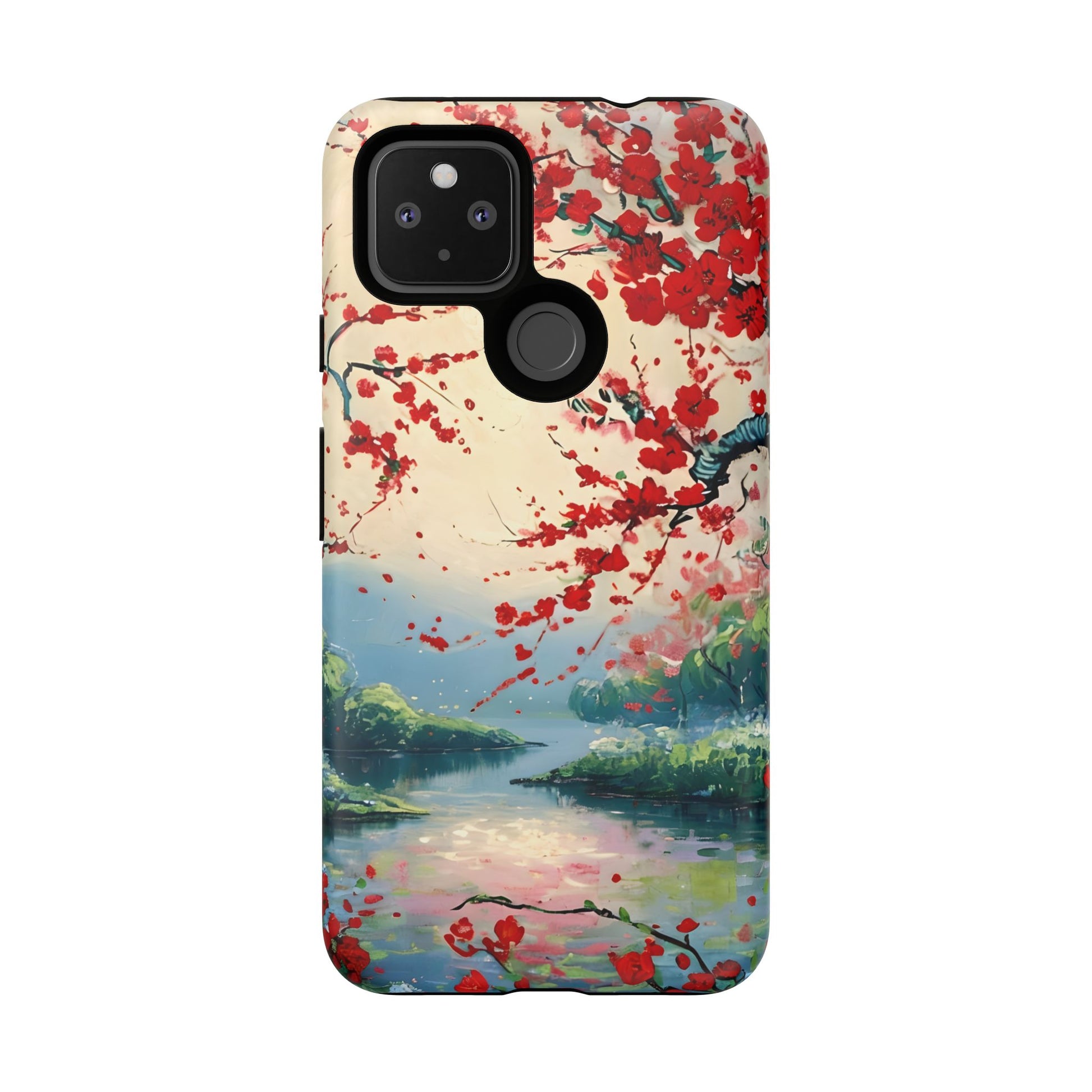 Crimson Blossom Lake - Artistic Floral Landscape Google Pixel 4a 5G Tough Phone Case - Red Cherry Blossoms & Serene Lake Design