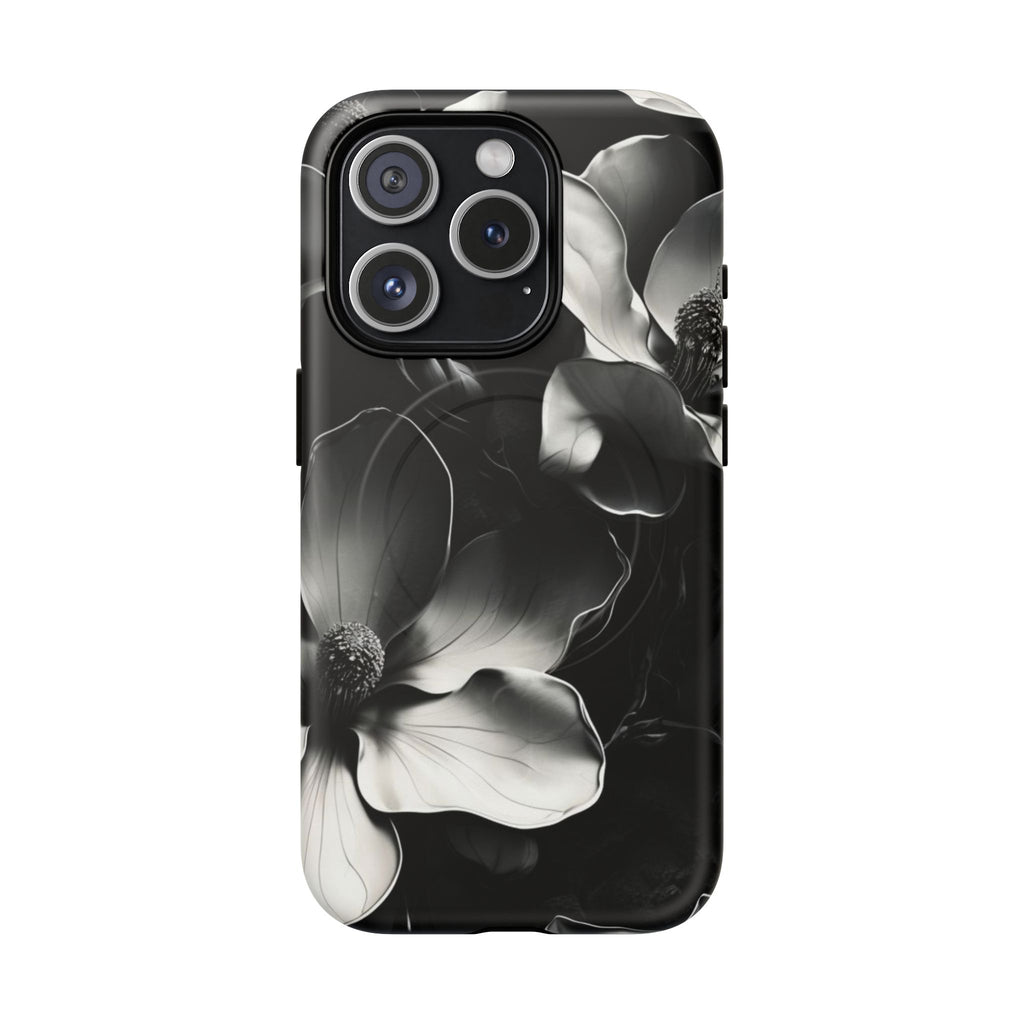 Monochrome Magnolia - Elegant Black & White Floral iPhone 15 Pro MagSafe Phone Case - Artistic Magnolia Design