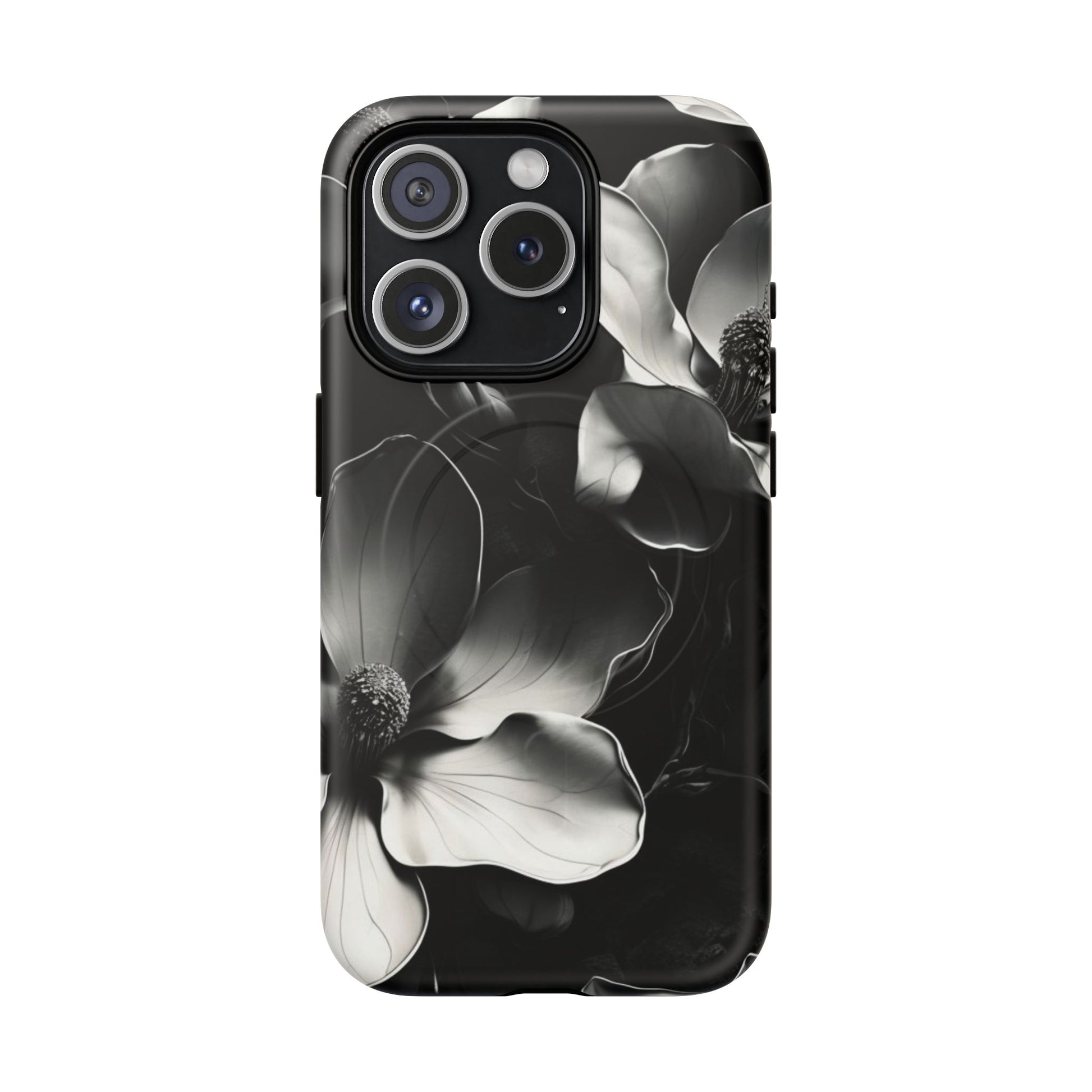 Monochrome Magnolia - Elegant Black & White Floral iPhone 15 Pro MagSafe Phone Case - Artistic Magnolia Design