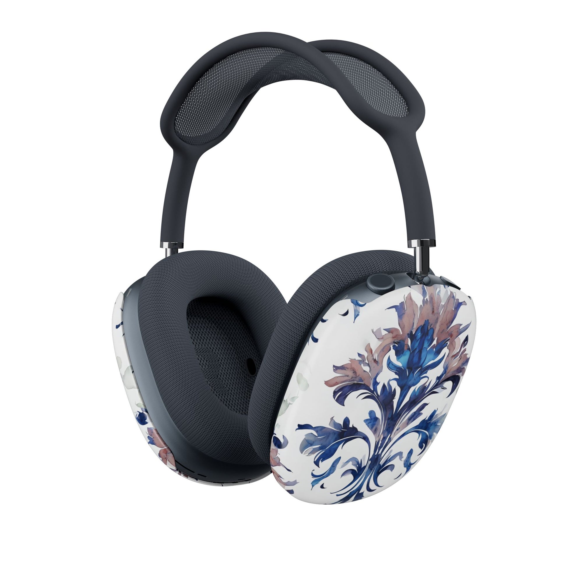 Delft Reverie AirPods Max cover with blue and mauve delft‑style floral scrolls on crisp white background, angled view on Apple AirPods Max headphones