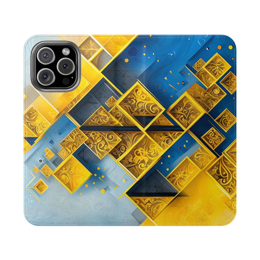 Golden Ascent Wallet Phone Case - Abstract Yellow & Blue Flip Cover for iPhone 16 Pro Max