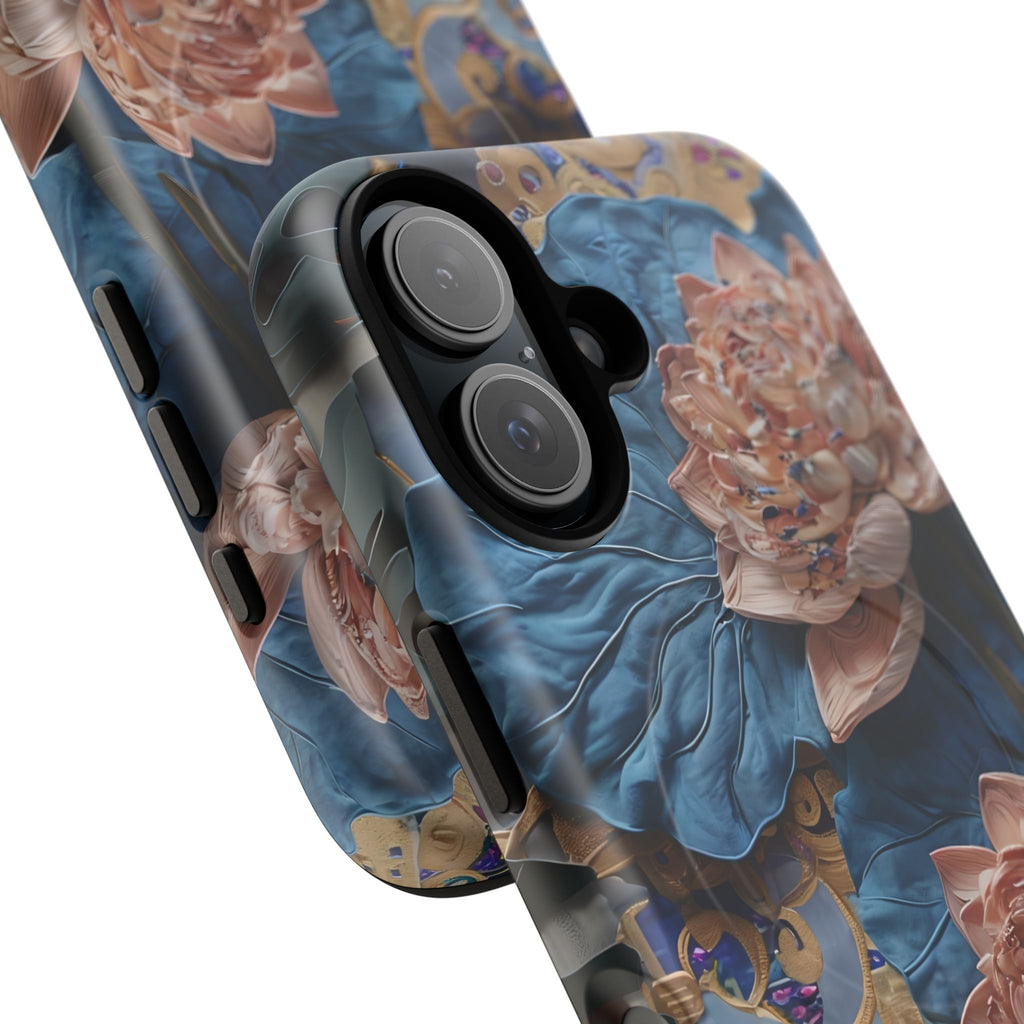 Peony Midnight Tapestry - iPhone 16 - MagSafe Compatible - Elegant Blue & Blush Artful Phone Cover