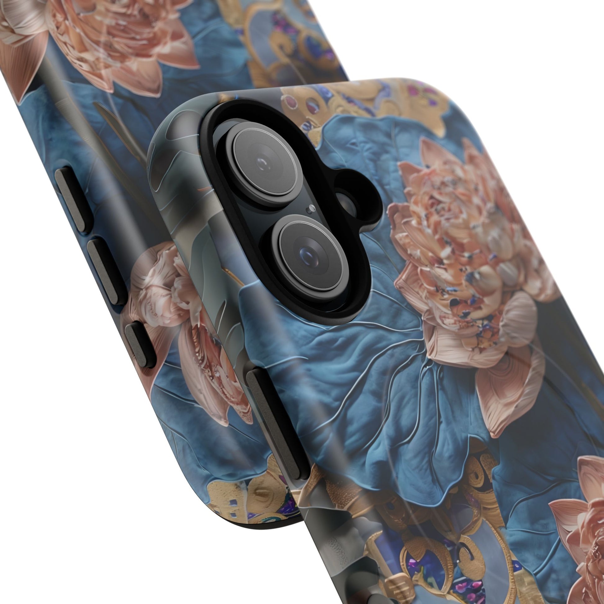 Peony Midnight Tapestry - iPhone 16 - MagSafe Compatible - Elegant Blue & Blush Artful Phone Cover
