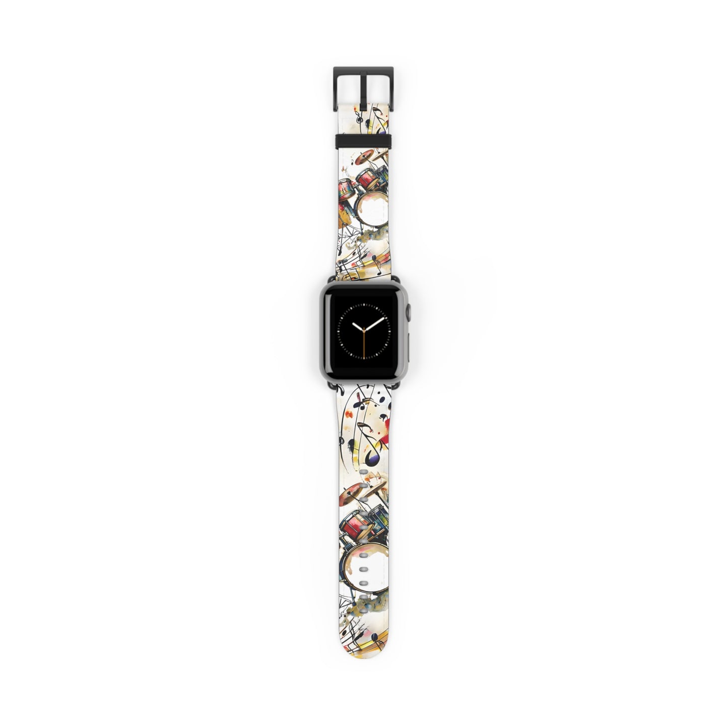 Beatline Apple Watch band with watch face featuring colorful drum and musical instrument artwork