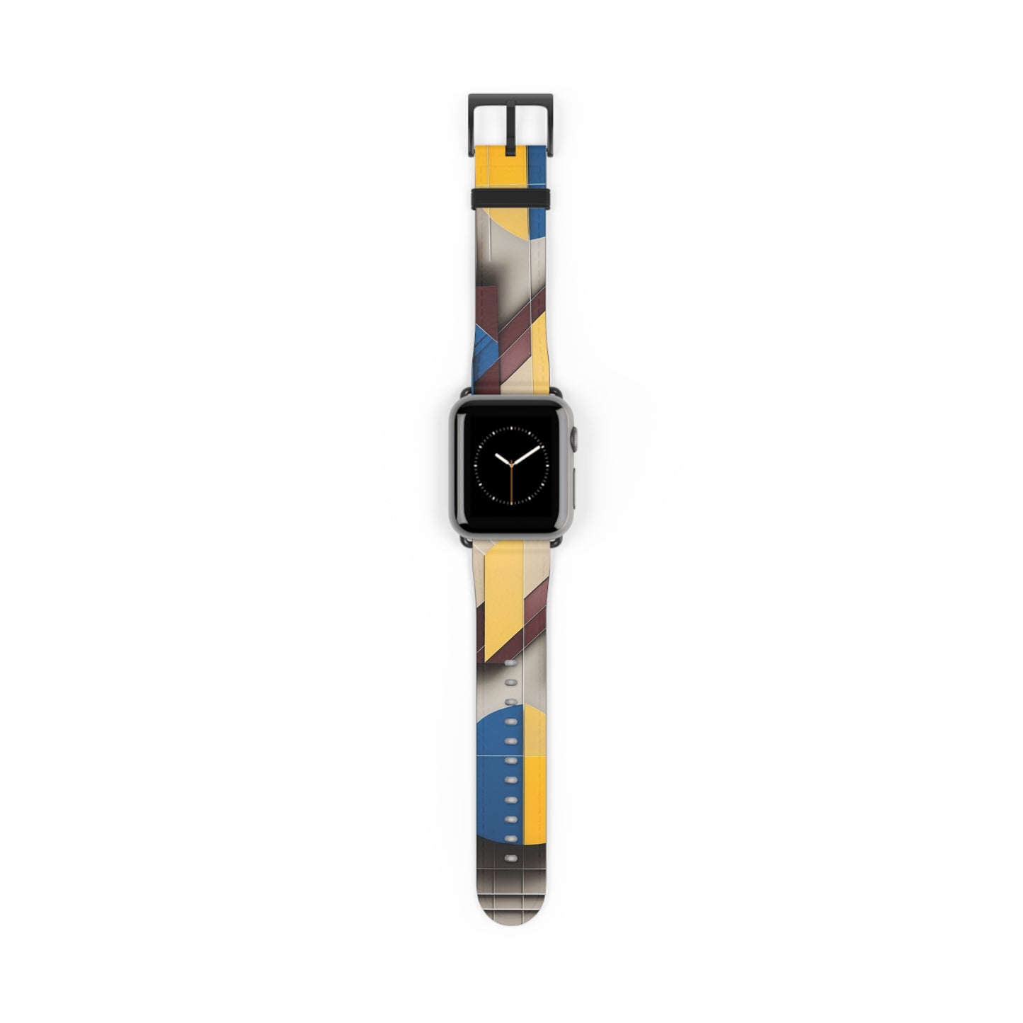 Chromatic Construct Apple Watch band with watch face featuring bold geometric abstract pattern in blue, gold, and earth tones
