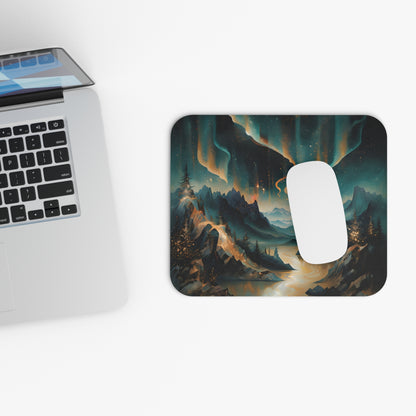 Aurora Dreamscape mouse pad beside laptop displaying aurora landscape artwork