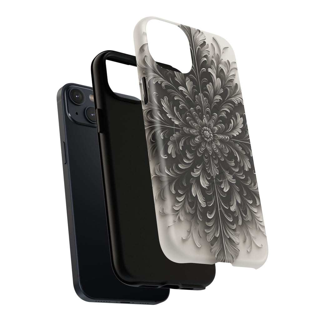 Obsidian Bloom - Elegant Black & White iPhone 14 Plus MagSafe Phone Case - Intricate Mandala Flower Design
