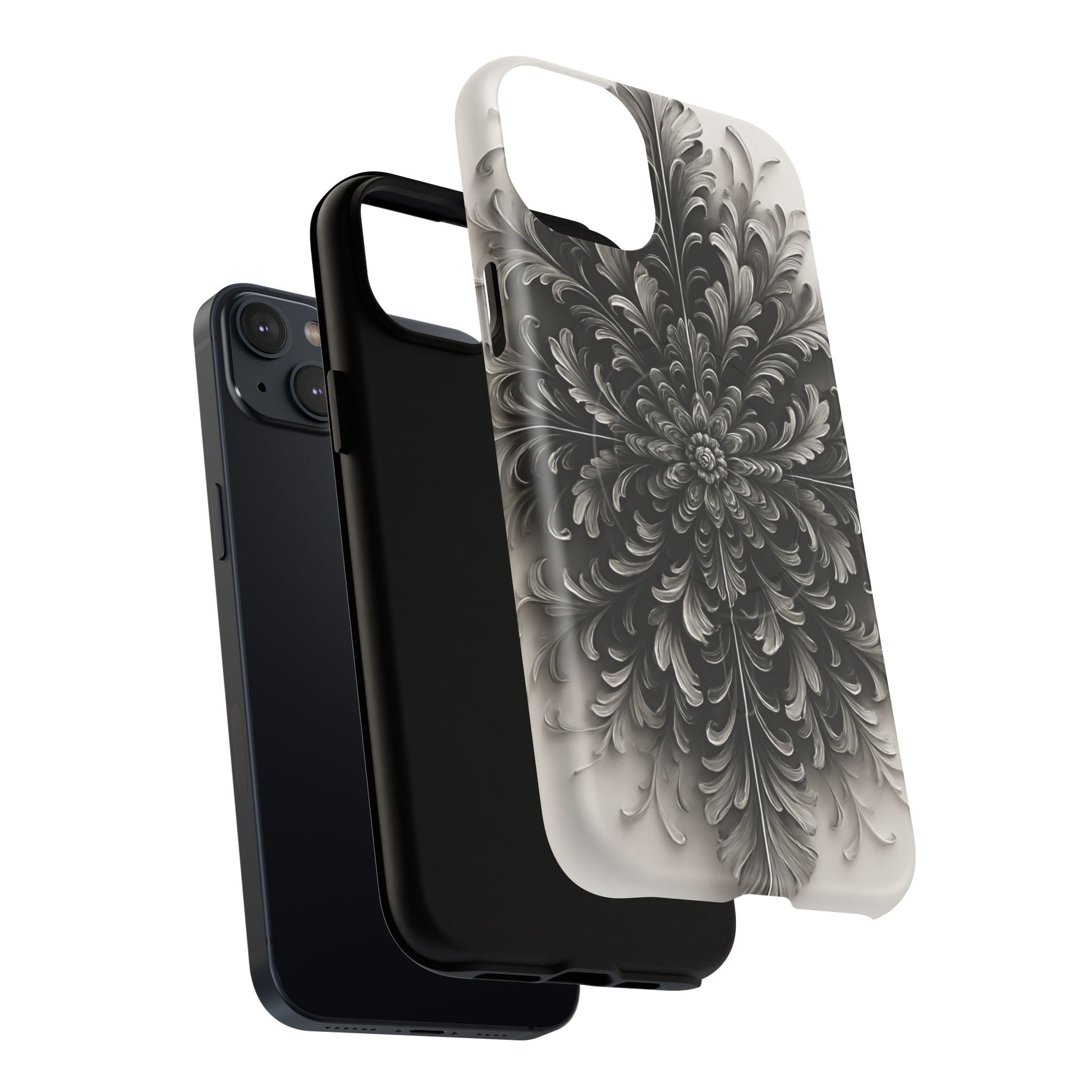 Obsidian Bloom - Elegant Black & White iPhone 14 Plus MagSafe Phone Case - Intricate Mandala Flower Design