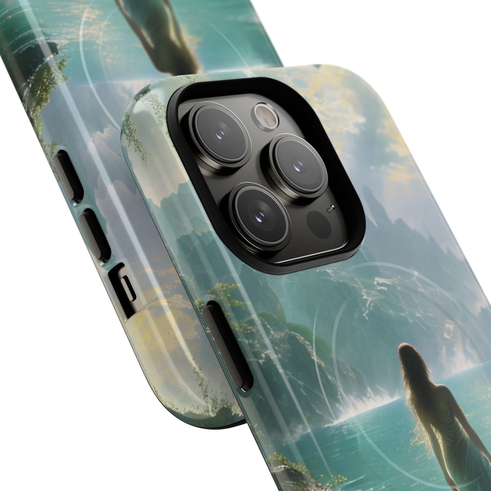 Celestial Tides - Dreamscape Art iPhone 14 Pro MagSafe Phone Case -Ethereal Woman & Fantasy Landscape Design
