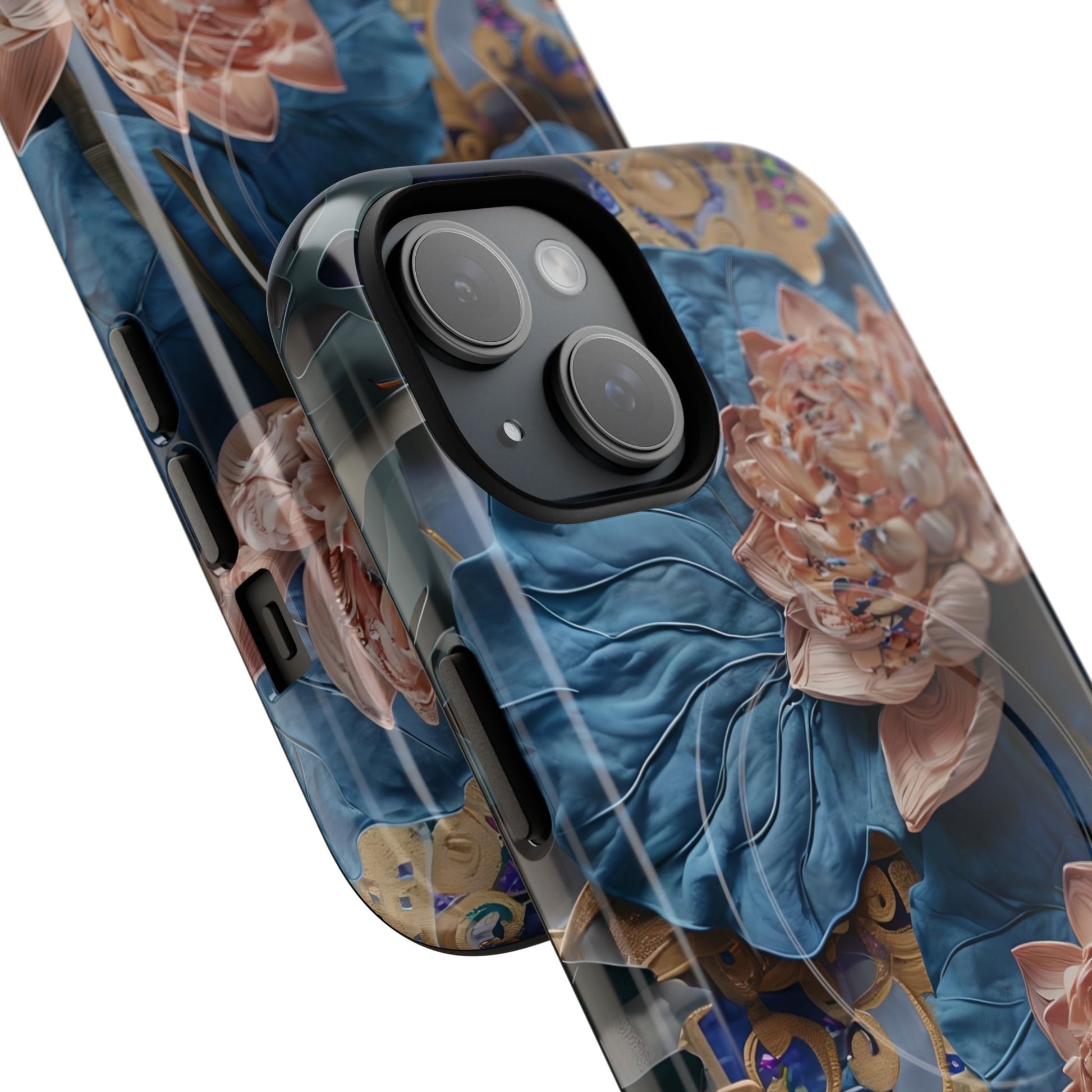 Peony Midnight Tapestry - iPhone 15 - MagSafe Compatible - Elegant Blue & Blush Artful Phone Cover