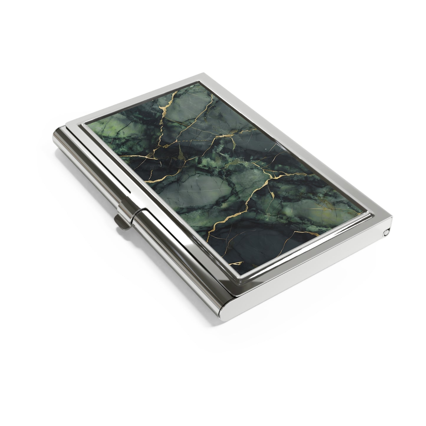 Verdant Vein dark green marble gold veins business card holder closed angled view