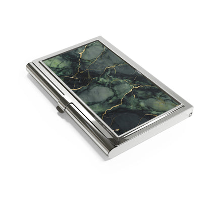 Verdant Vein dark green marble gold veins business card holder closed angled view
