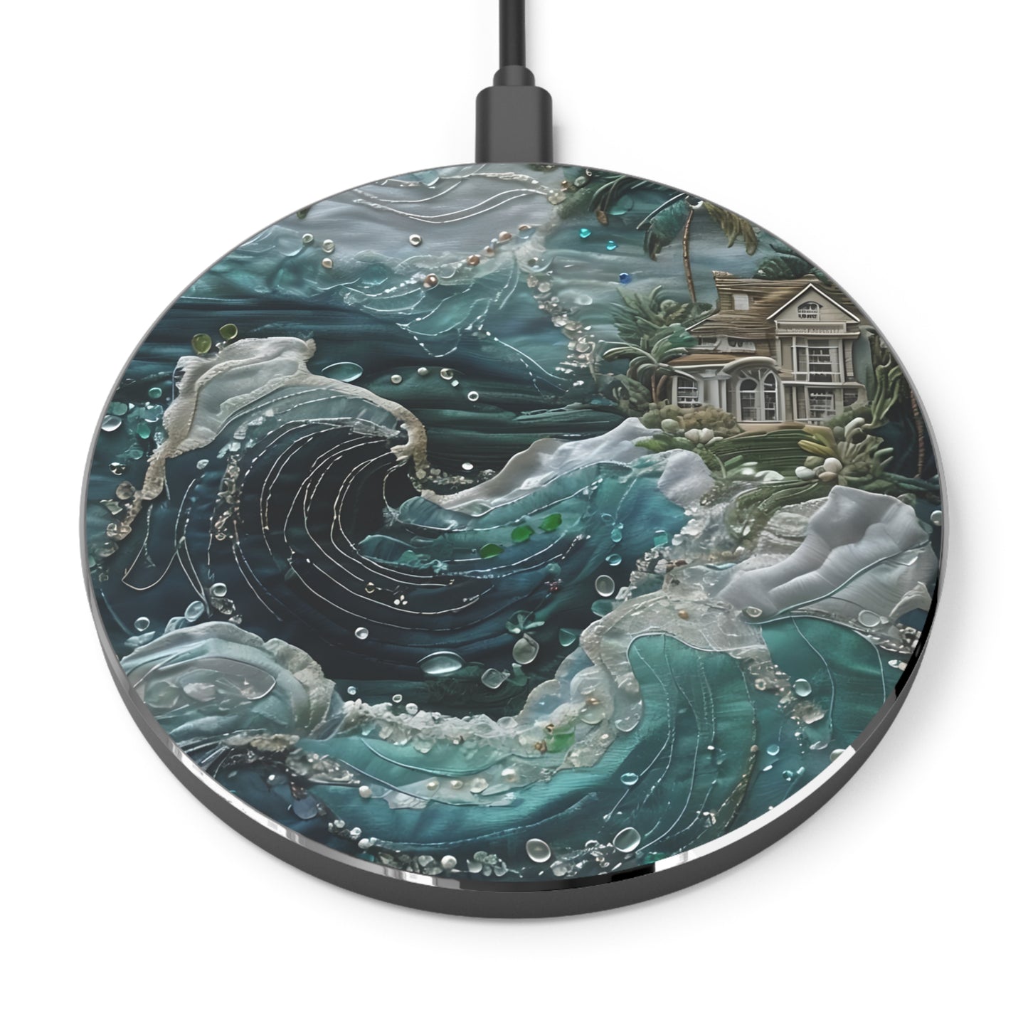 Tropical Midnight Wave ocean art decorative Qi wireless charger with teal waves and coastal house illustration