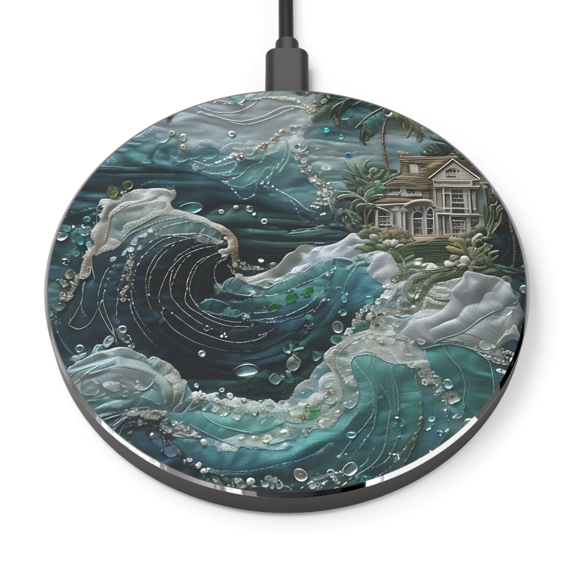 Tropical Midnight Wave ocean art decorative Qi wireless charger with teal waves and coastal house illustration