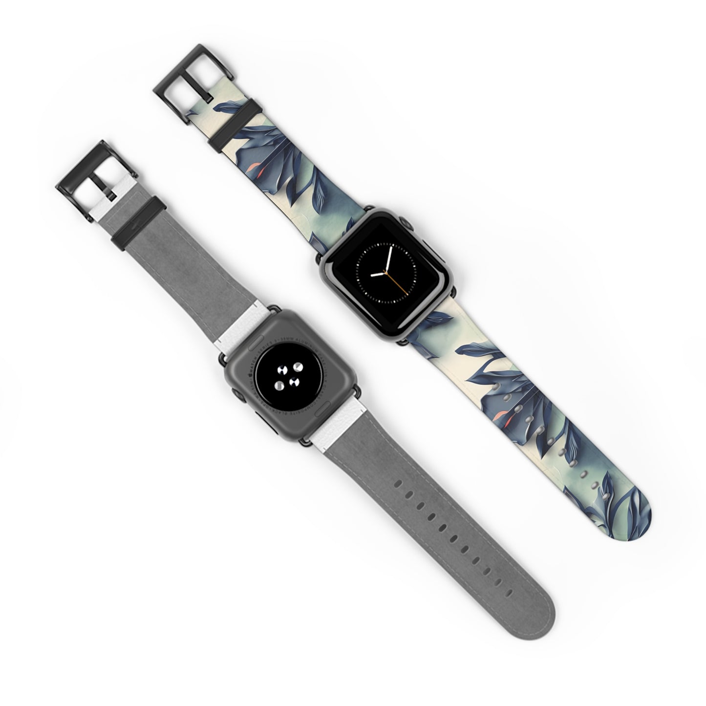 Frosted Indigo Bloom Apple Watch bands shown on two watches front and back highlighting indigo floral artwork
