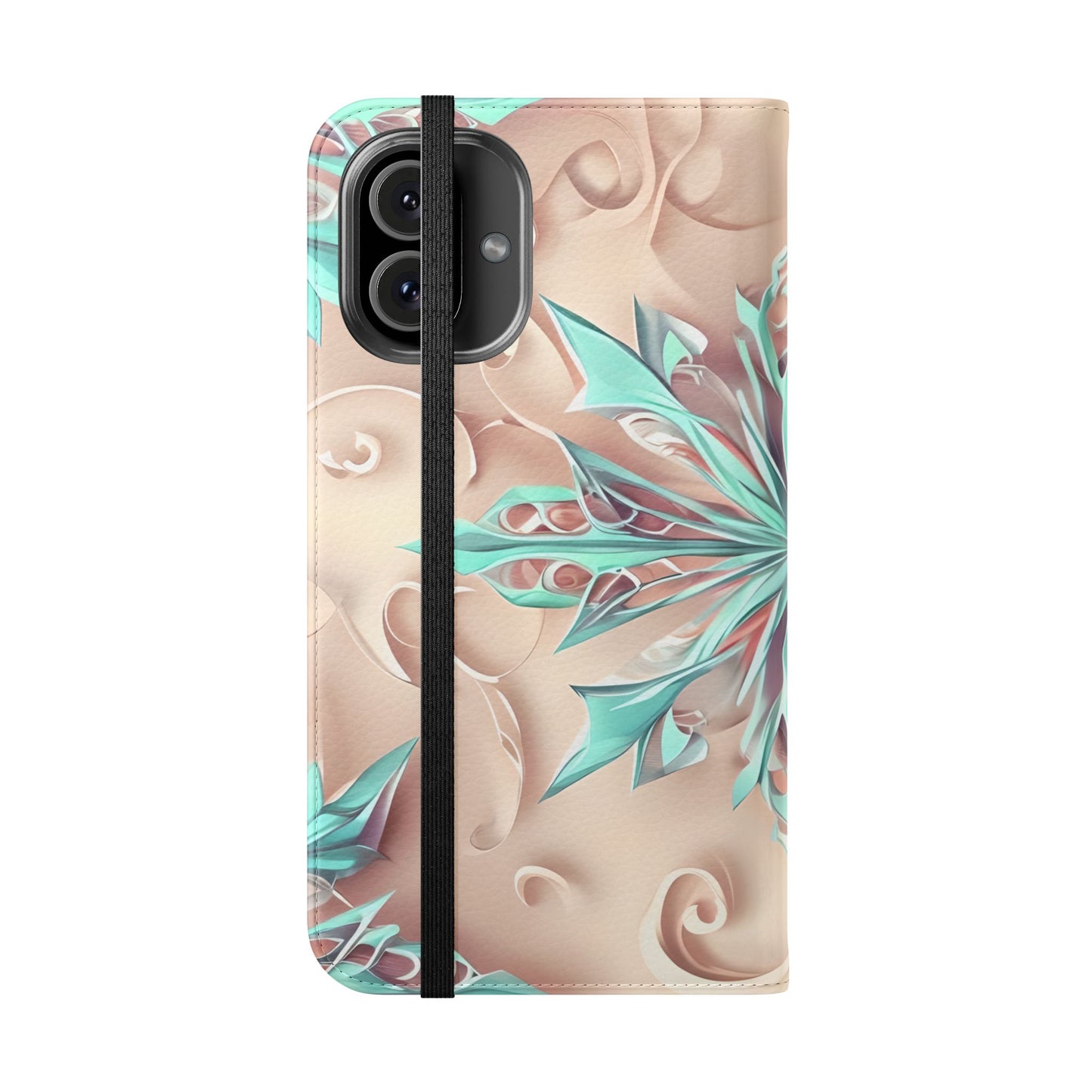 Frosted Petals iPhone Wallet Case - Soft Floral Kaleidoscope Design in Blush & Aqua