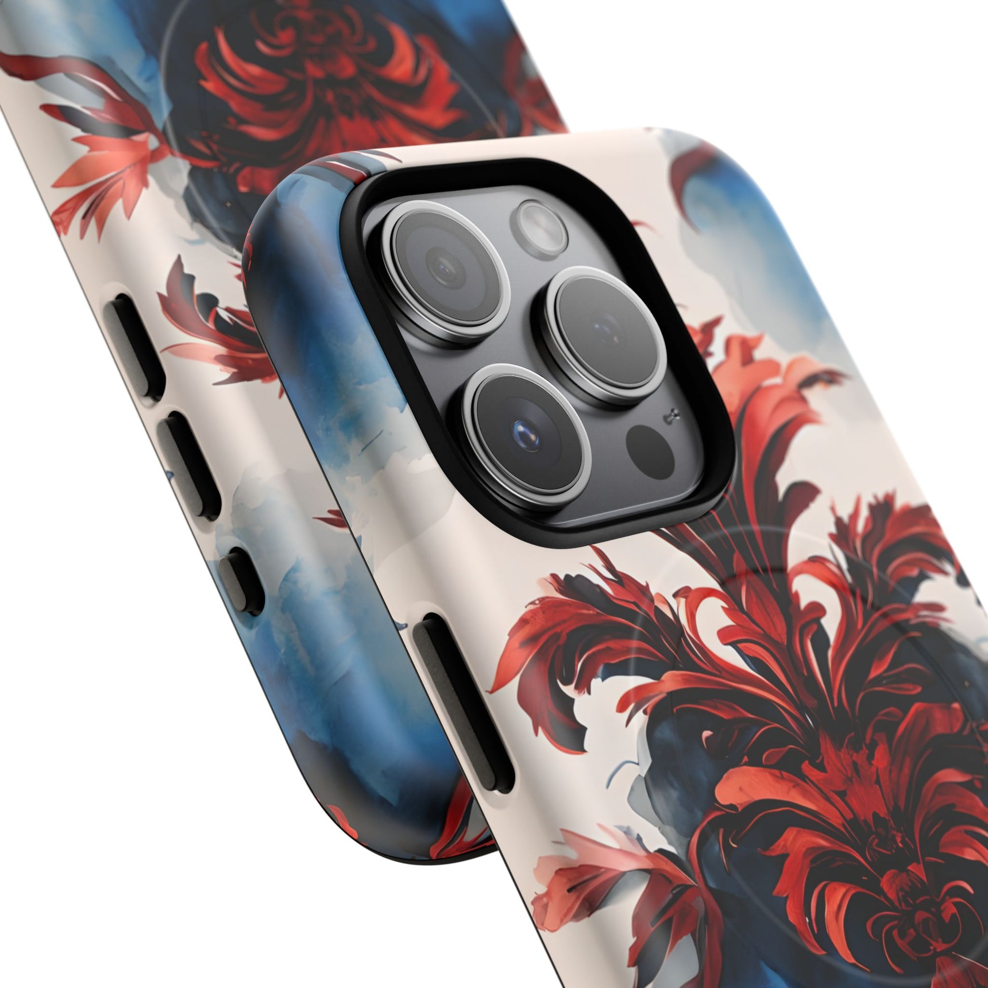Crimson Plume - Bold Artistic Feather iPhone 15 Pro MagSafe Phone Case - Dramatic Red & Blue Design