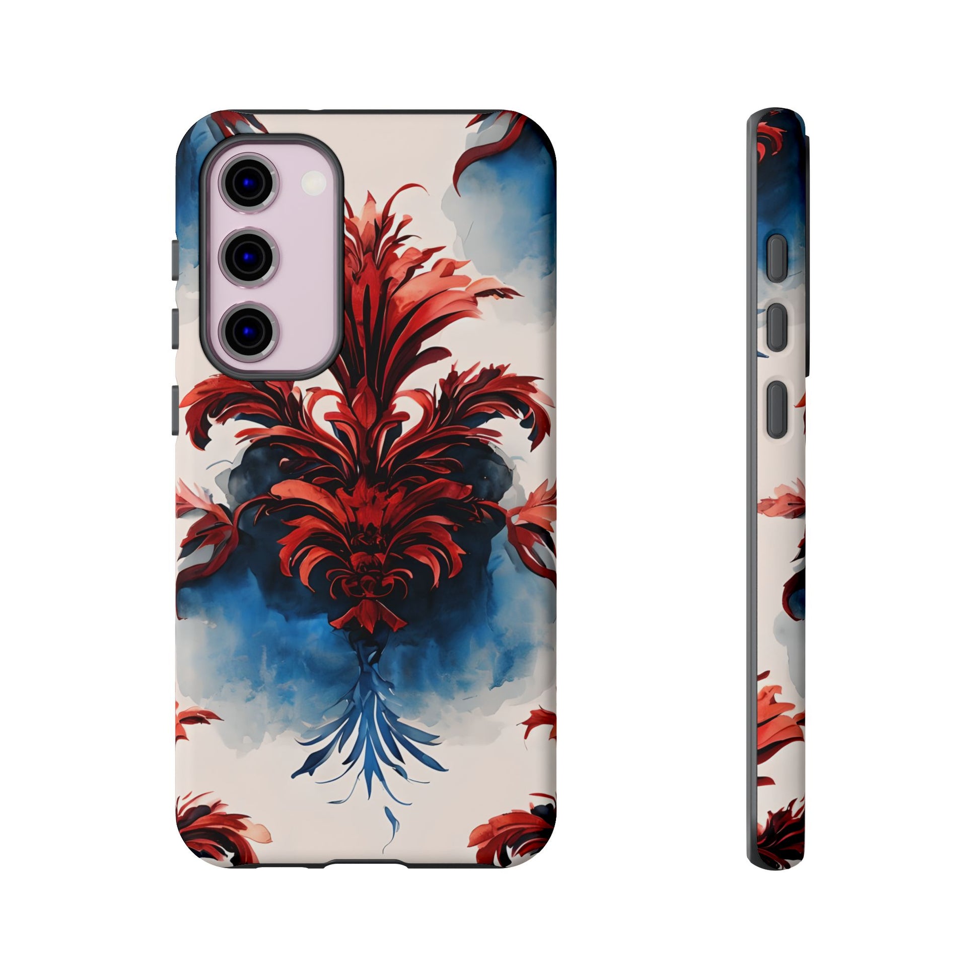 Crimson Plume - Bold Artistic Feather Samsung Galaxy S23 Plus Tough Phone Case - Dramatic Red & Blue Design