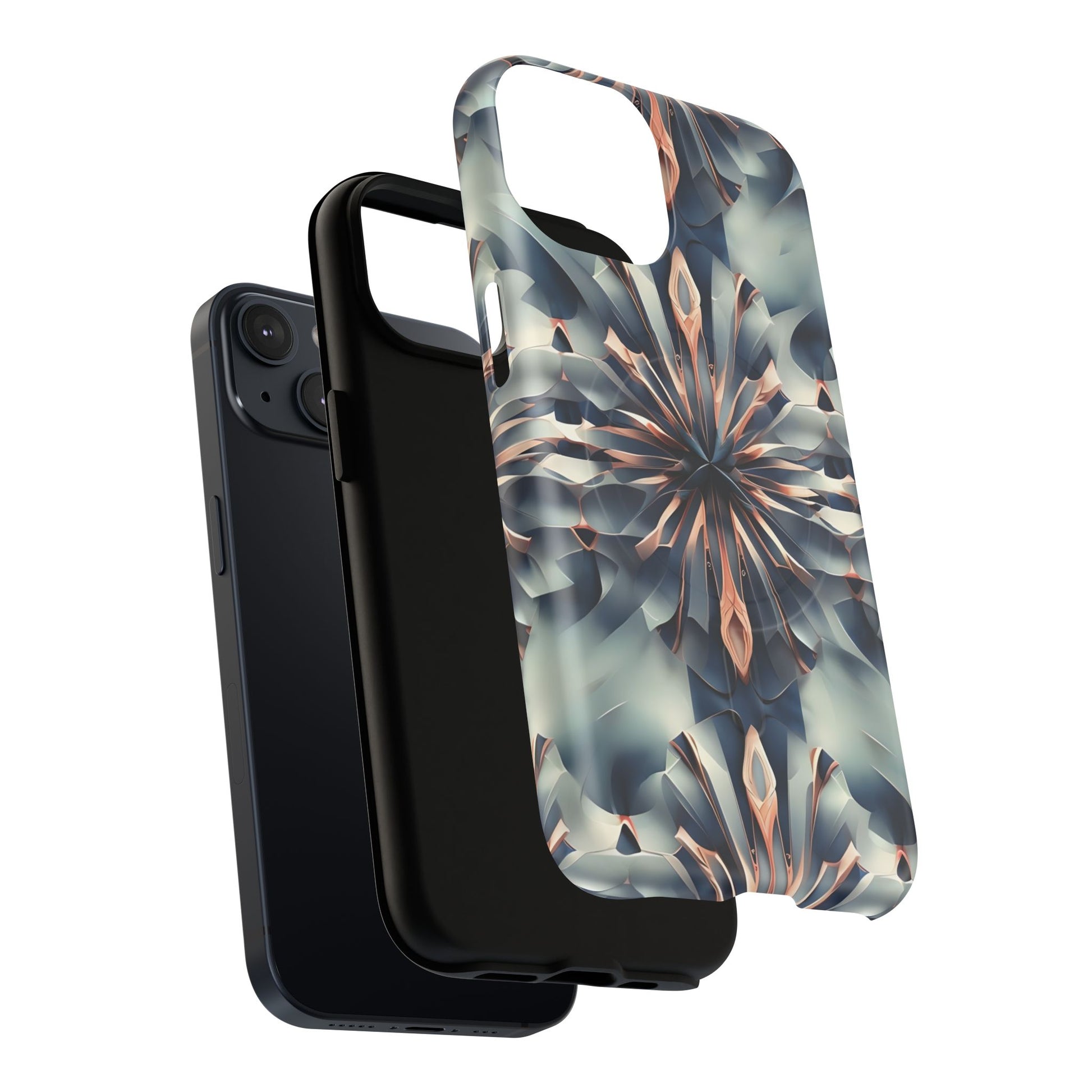 Obsidian Kaleidoscope Artistic Floral Burst - iPhone 14 MagSafe Phone Case -Blue, Peach and Silver Symmetrical Design