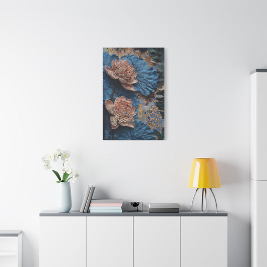 Peony Midnight Tapestry wall art canvas displayed above a modern white console table in a bright living room