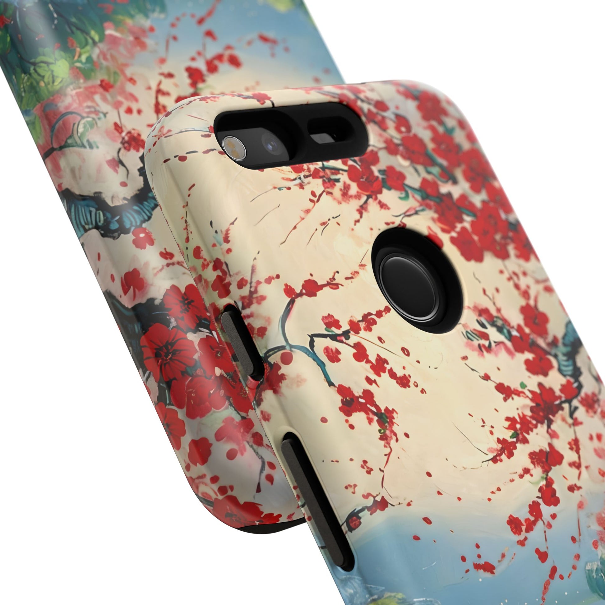 Crimson Blossom Lake - Artistic Floral Landscape Google Pixel Tough Phone Case - Red Cherry Blossoms & Serene Lake Design
