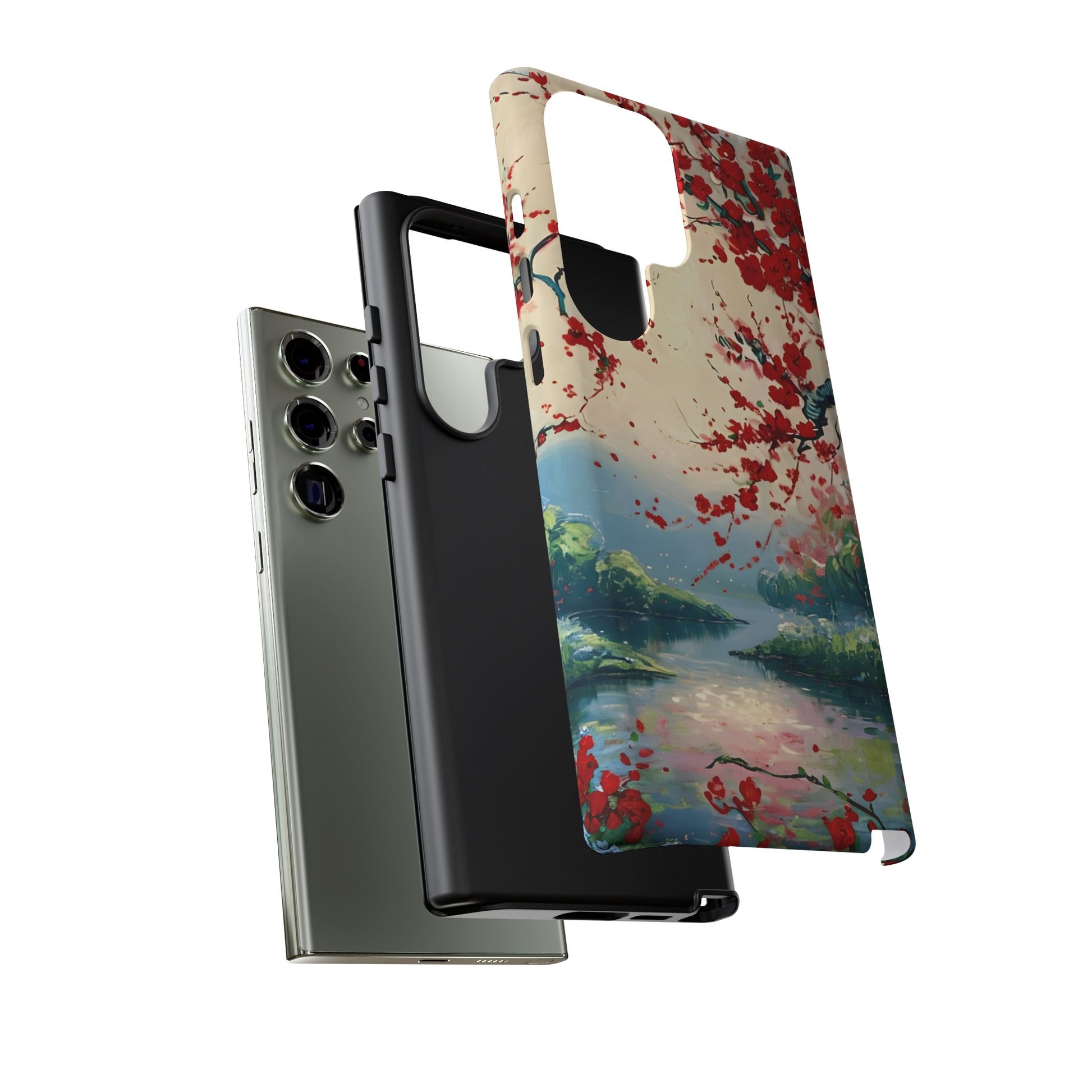 Crimson Blossom Lake - Artistic Floral Landscape Samsung Galaxy S23 Ultra Tough Phone Case - Red Cherry Blossoms & Serene Lake Design