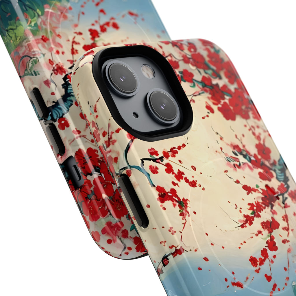 Crimson Blossom Lake - Artistic Floral Landscape iPhone 14 MagSafe Phone Case - Red Cherry Blossoms & Serene Lake Design