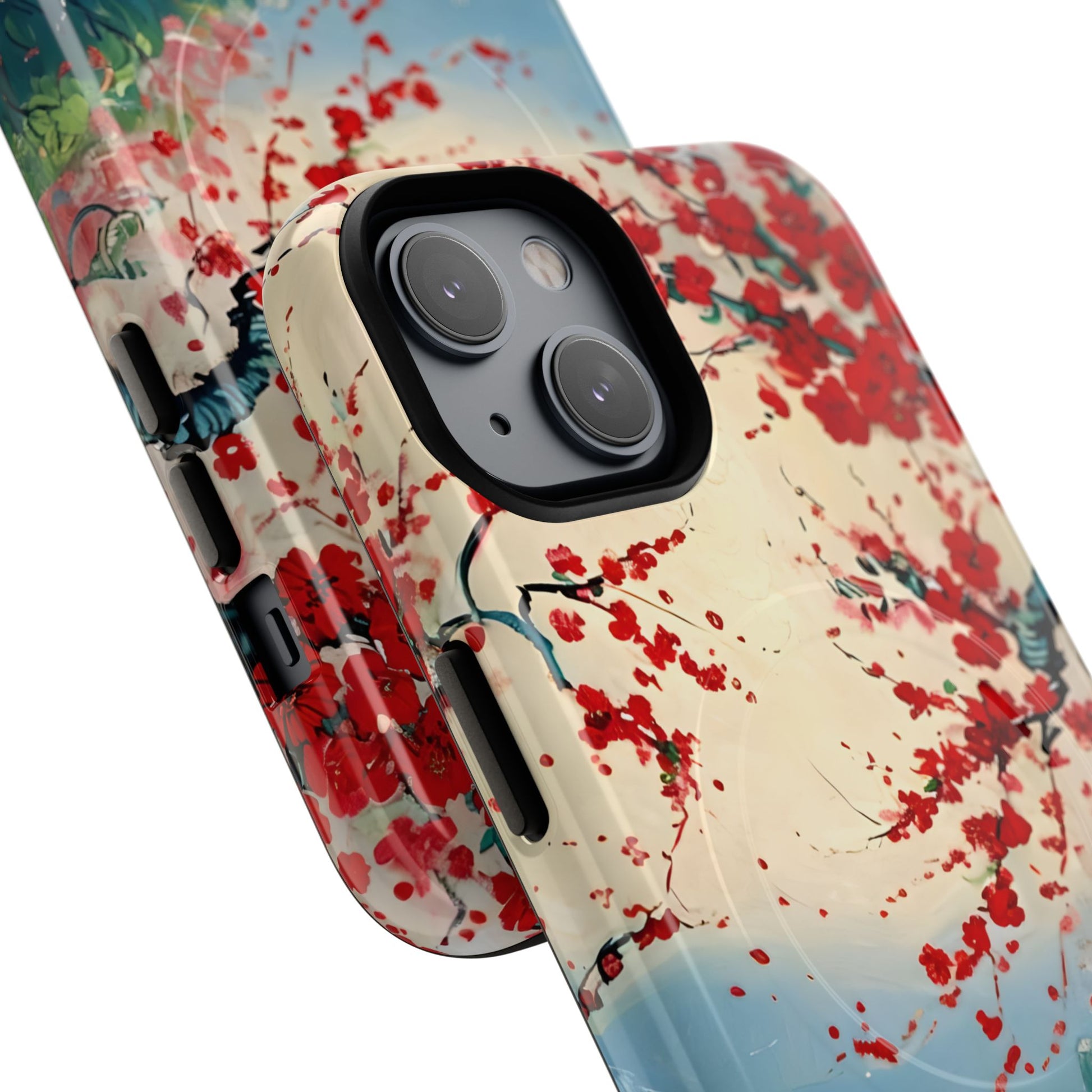 Crimson Blossom Lake - Artistic Floral Landscape iPhone 14 MagSafe Phone Case - Red Cherry Blossoms & Serene Lake Design