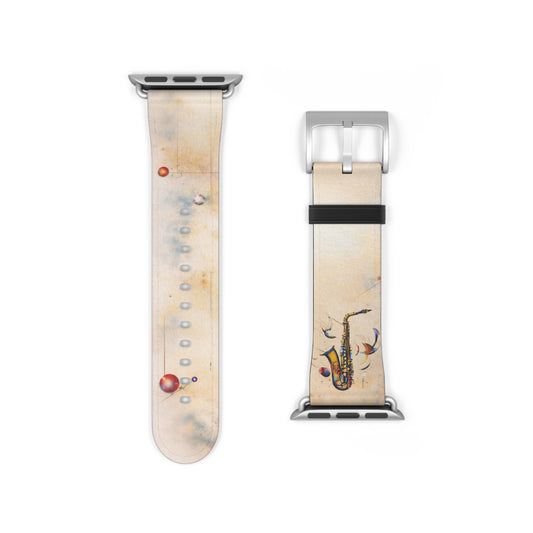 Brass Rhapsody Apple Watch band strap with silver clasp showing saxophone and abstract design