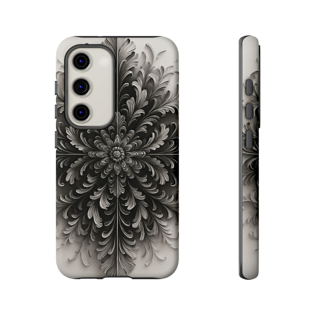 Obsidian Bloom - Elegant Black & White Samsung Galaxy S23 Tough Phone Case - Intricate Mandala Flower Design
