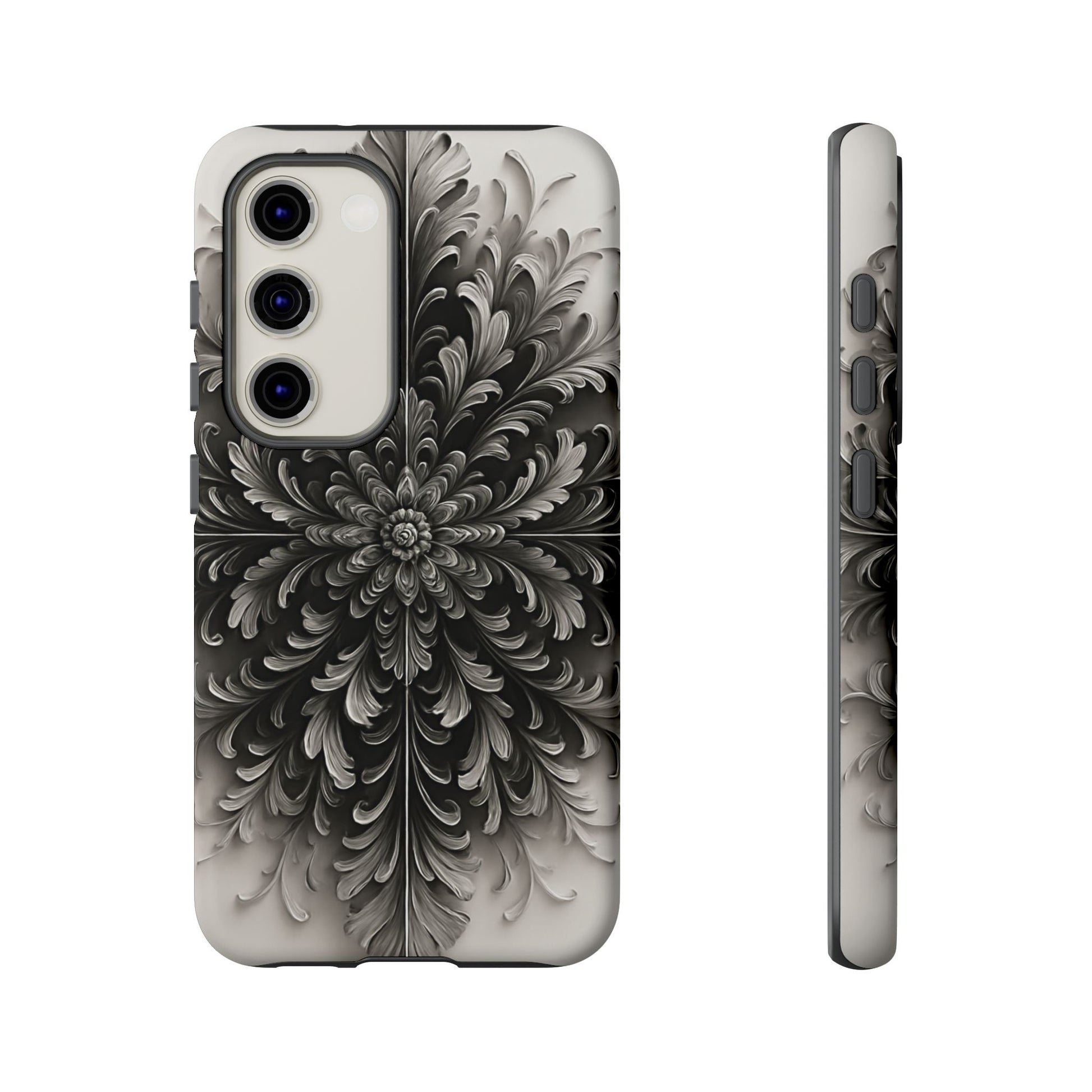 Obsidian Bloom - Elegant Black & White Samsung Galaxy S23 Tough Phone Case - Intricate Mandala Flower Design