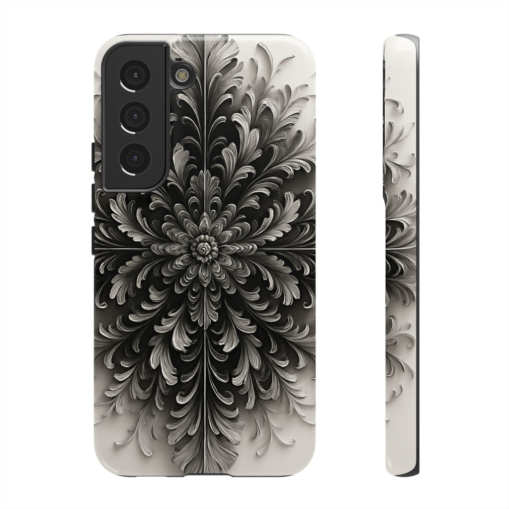 Obsidian Bloom - Elegant Black & White Samsung Galaxy S22 Tough Phone Case - Intricate Mandala Flower Design