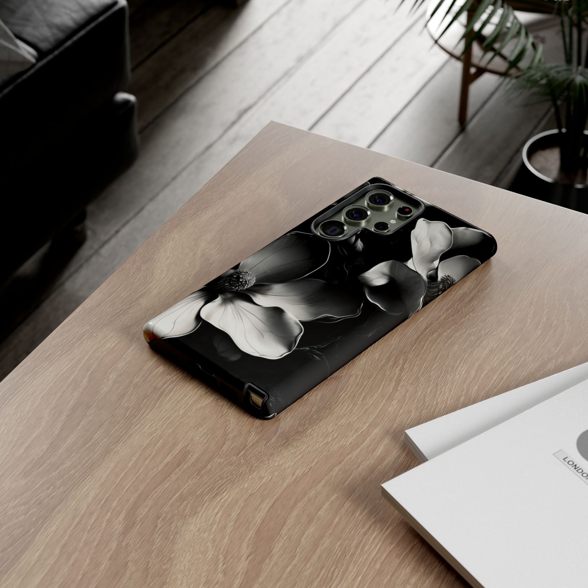 Monochrome Magnolia black and white magnolia Samsung Galaxy phone case lifestyle desk scene