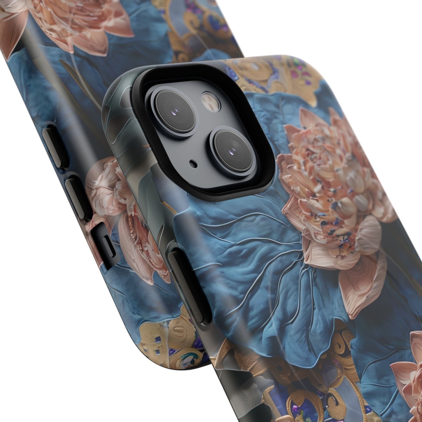 Peony Midnight Tapestry - iPhone Case- MagSafe Compatible - Elegant Blue & Blush Artful Phone Cover