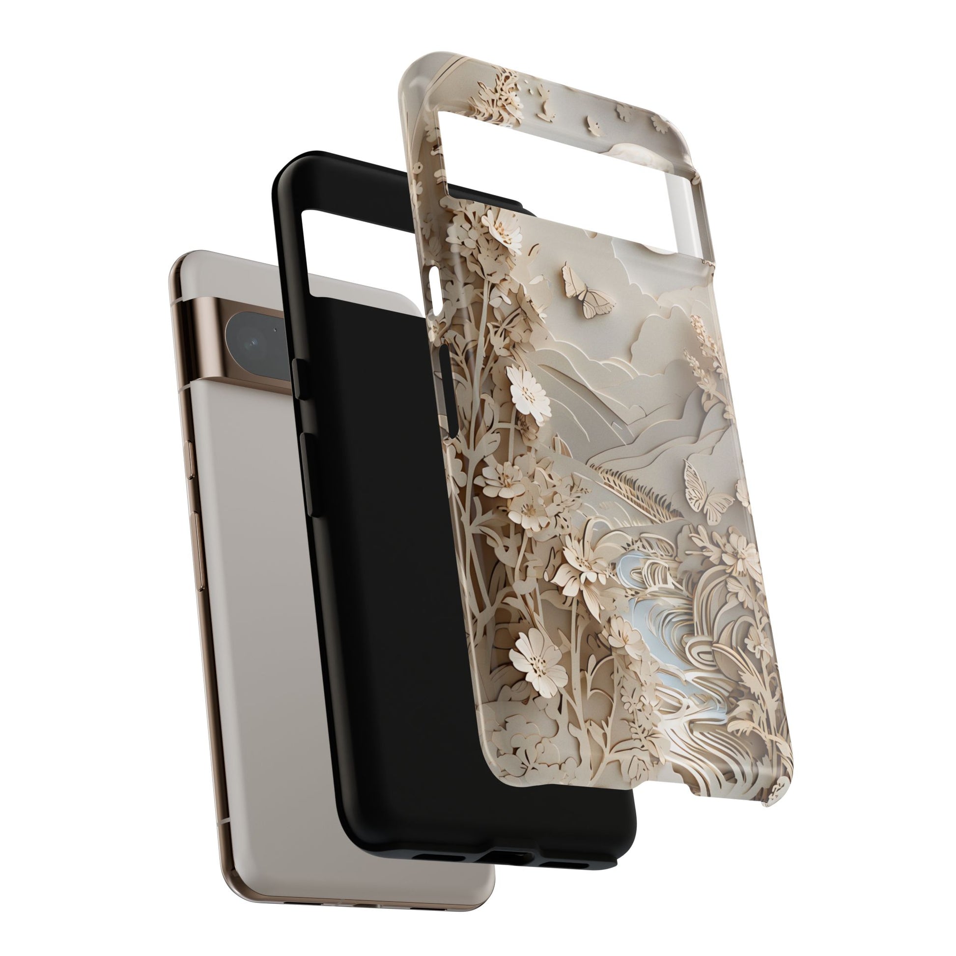 Moonlit Garden shockproof dual layer Google Pixel phone case with botanical relief landscape design