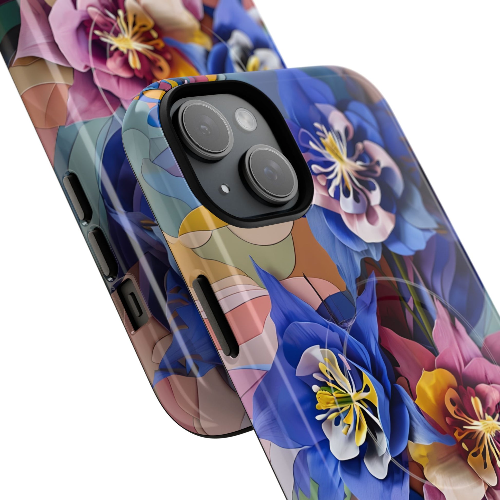 Blue Columbine Carnivale - Artistic Floral & Butterfly iPhone 15 Plus MagSafe Phone Case - Vibrant Botanical Design