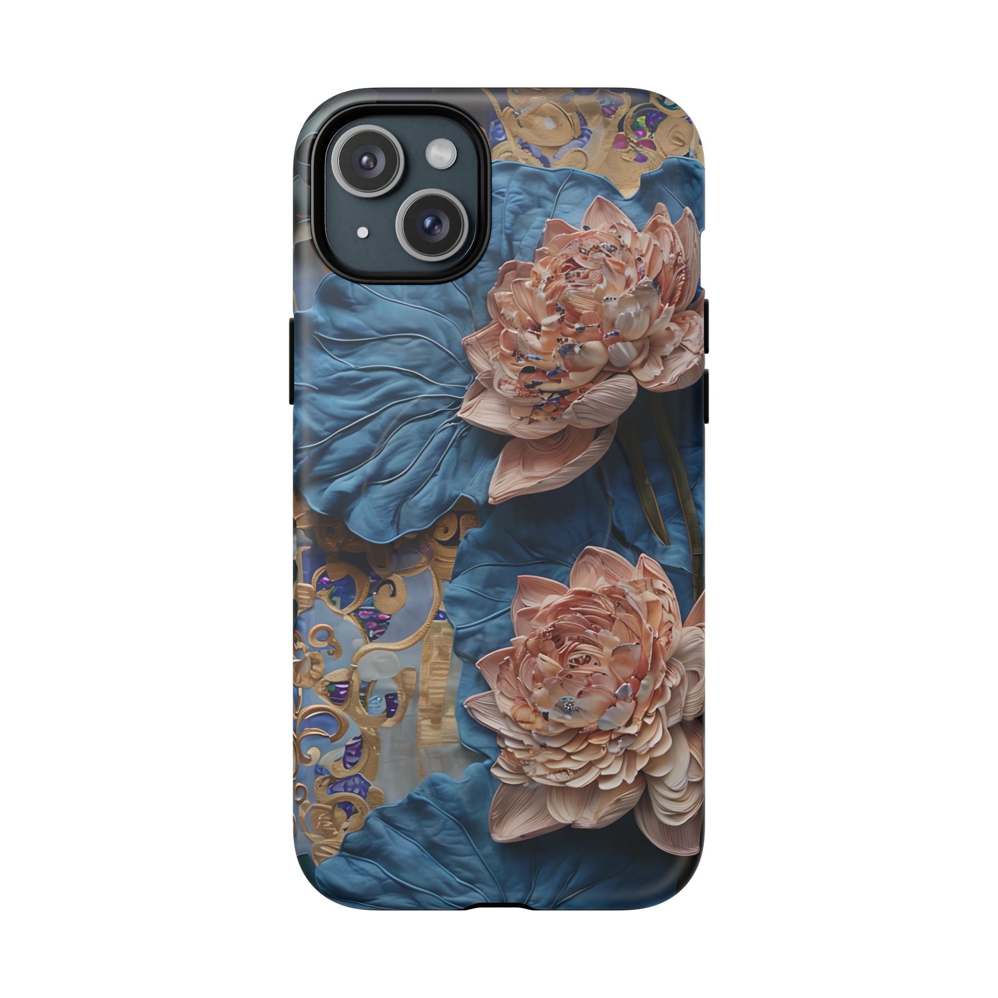 Peony Midnight Tapestry - iPhone 15 Plus - MagSafe Compatible - Elegant Blue & Blush Artful Phone Cover