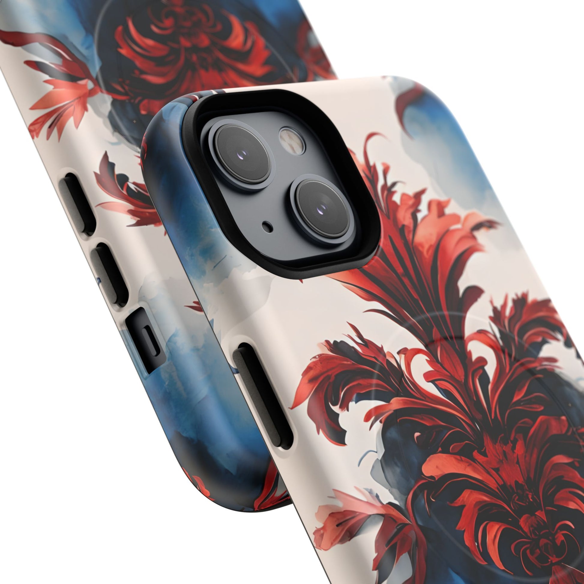 Crimson Plume - Bold Artistic Feather iPhone 14 MagSafe Phone Case - Dramatic Red & Blue Design