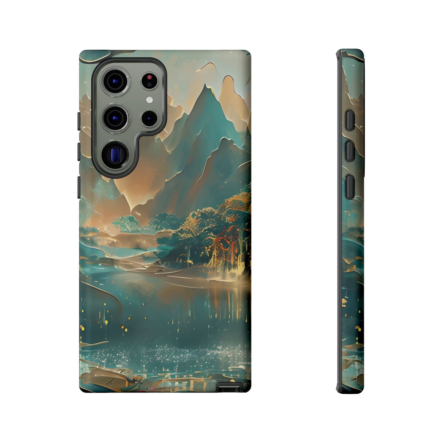 Misty Horizon Samsung Galaxy tough case with tranquil teal and gold mountain landscape over reflective lake, back view