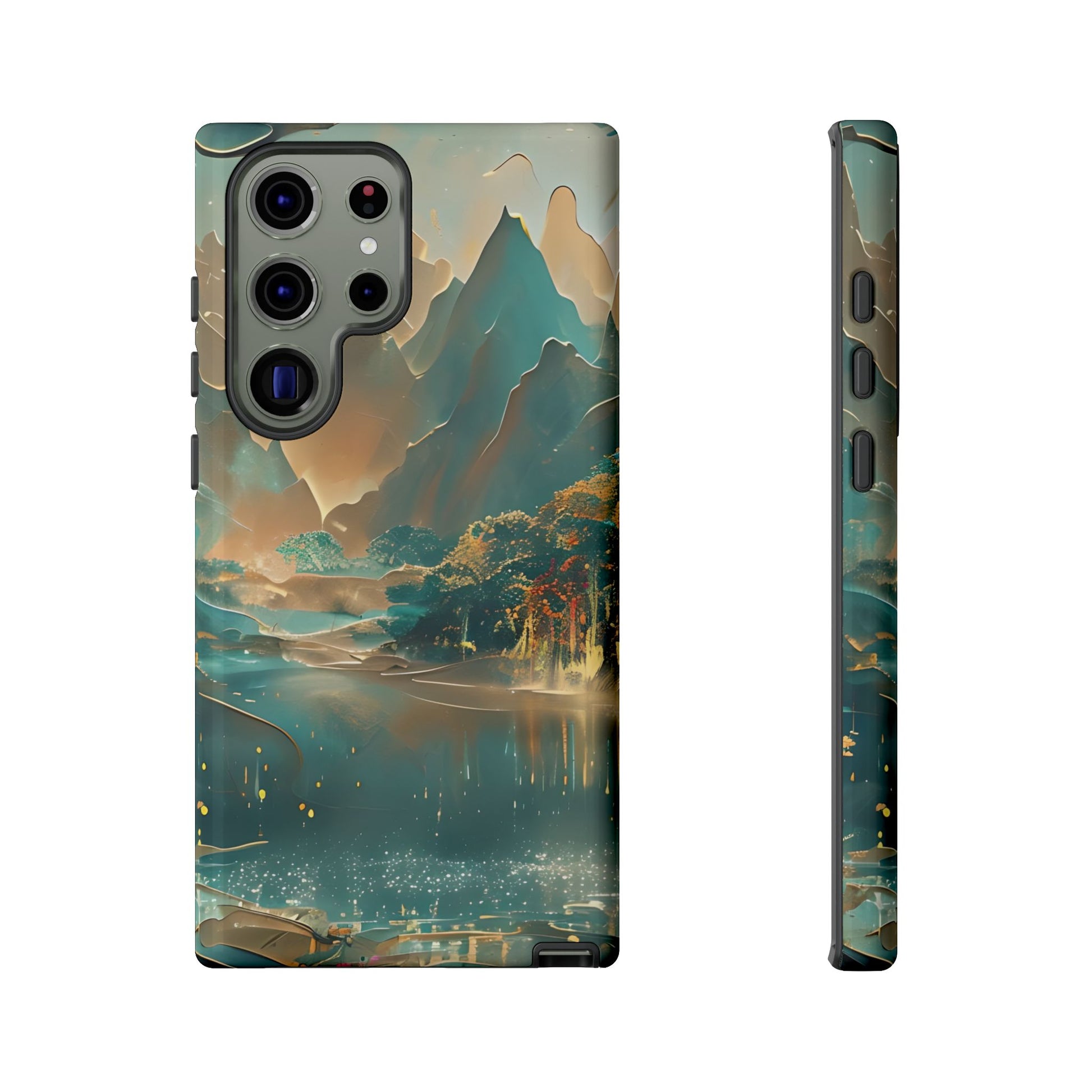 Misty Horizon Samsung Galaxy tough case with tranquil teal and gold mountain landscape over reflective lake, back view